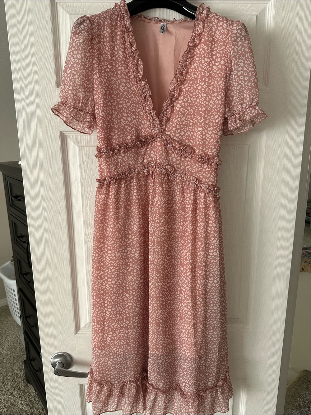 Mauve Pink Ruffle Midi Dress with plunging neck line.